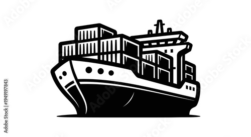 Black and white illustration of a cargo ship with containers on white background