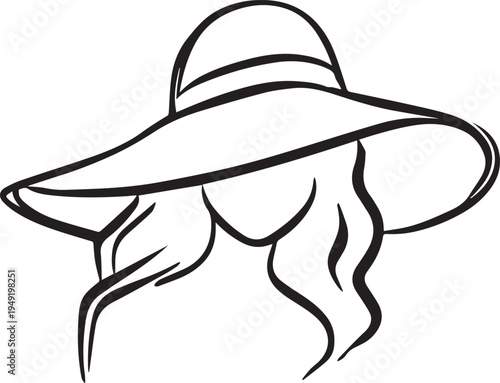 Hand Drawn Woman Hat Black and White Illustration in Minimal Line Art Style Design