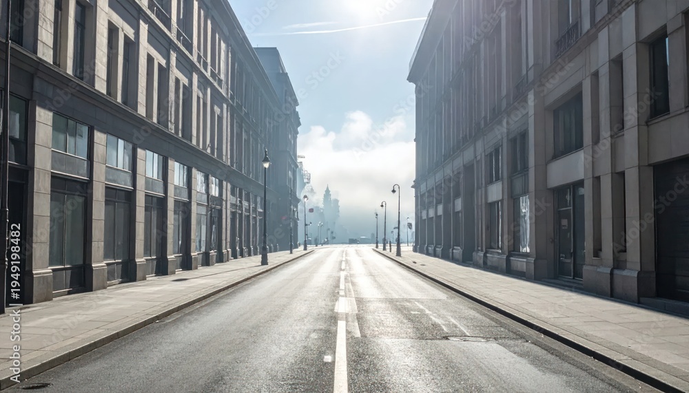 Obraz premium Perspective street view of a city; buildings line both sides, foggy distance, sunny