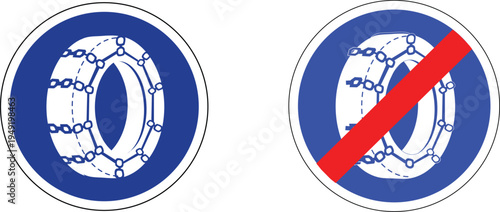 Snow Chains Required and End Zone Bundle Mandatory Road Sign Vector | Blue Circular Traffic Symbol Transparent Background