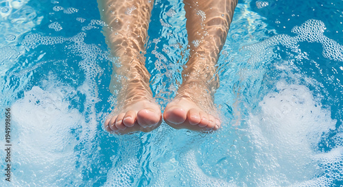 Close-up of bare feet enjoying the tranquil embrace of bubbling blue water in a luxurious spa setting