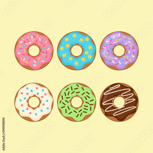 Set of six delicious glazed donuts with various colorful toppings and sprinkles isolated vector collection for bakery menu and food graphic design