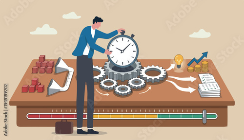 Efficiency or productivity, manage resources time to optimize work result, increase into performance effective process, businessman combine big desk clock timer gear cogwheel for best efficiency.