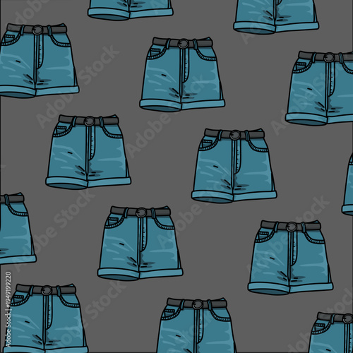 Pattern of blue jeans pants on gray background. Fashion pattern