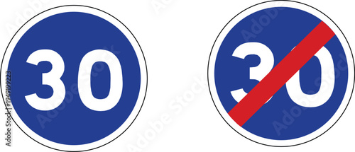 Start and End of Minimum Speed Limit 30 Bundle Mandatory Road Sign Vector | Blue Circular Traffic Symbol Transparent Background