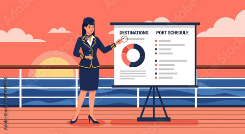 Businesswoman presenting cruise destinations and port schedule on a whiteboard.