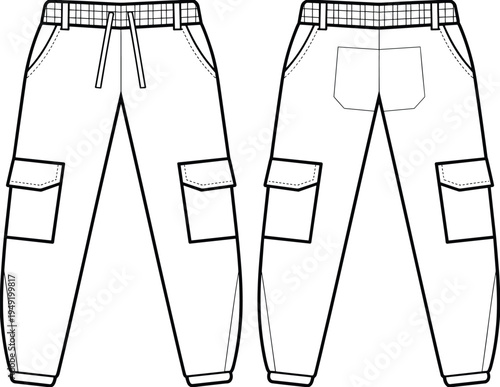 cargo jogger pants technical drawing, pocket trousers front and back view clothing template, cad drawing flat vector illustration