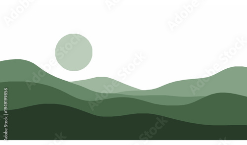 Abstract Green Hills and Moon Minimal Landscape Vector Illustration