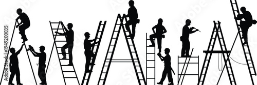 Construction workers on ladders forming teamwork concept silhouette, builders repairing and installing, teamwork collaboration, maintenance work, vector illustration isolated