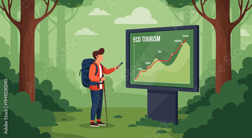 Hiker presenting eco tourism graph on digital screen in forest.