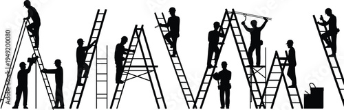 Construction workers on ladders forming TEAMWORK concept silhouette, builders repairing structure, collaboration and maintenance service, industrial labor vector illustration isolated