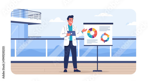 Man presenting pie chart data on a whiteboard.