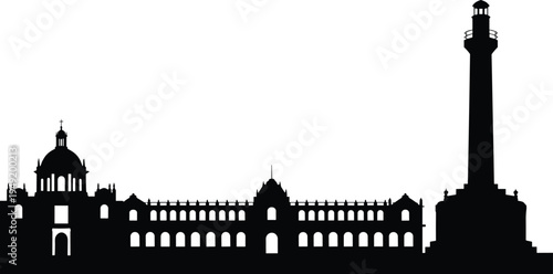 Historic architecture skyline silhouette with lighthouse tower and classical palace building isolated on white background, travel landmark cityscape vector illustration for tourism design