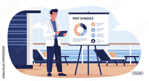 Man presenting port schedule on a whiteboard.