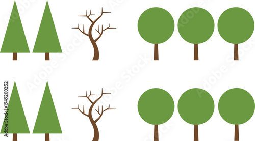 Minimal tree icon collection including pine trees, round trees and leafless branches isolated on background, simple forest nature vector set for landscape design
