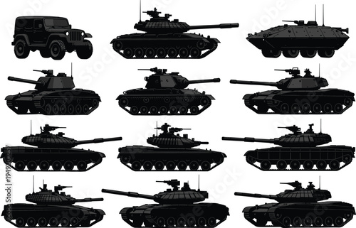 Military vehicles and battle tanks silhouette collection with armored combat transport isolated on white background, army warfare equipment vector illustration set for defense design