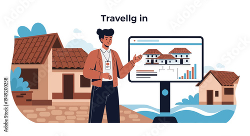 Man presenting real estate investment in tropical location.