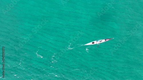 Incredible Aerial View of Kayaker Paddling Over Sharks in Crystal Clear Turquoise Water - Hadera, Israel