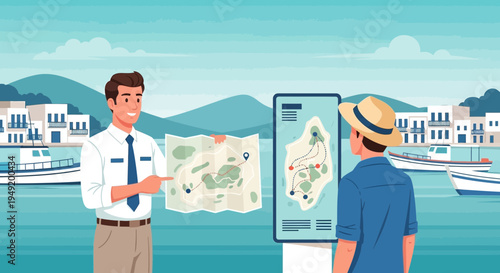 Tour Guide Explaining Map to Tourist.