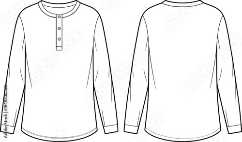 Henley long sleeve t-shirt technical drawing, front and back view, apparel CAD template, fashion flat sketch for clothing design vector
