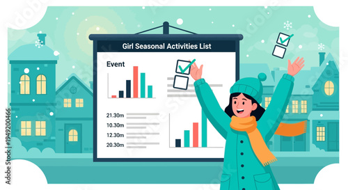 Woman celebrating successful business event planning and analysis.