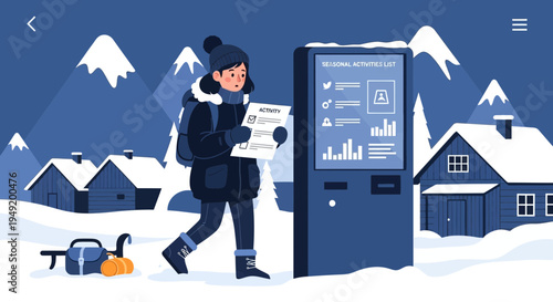 Woman checking information on digital kiosk in snowy landscape.
