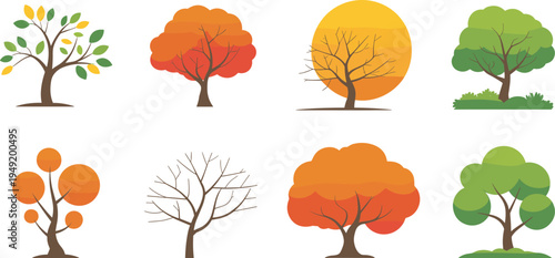 Stylized seasonal tree illustration set showing autumn, winter, and summer variations, with colorful foliage, bare branches, and nature transitions, perfect for educational and decorative artwork.