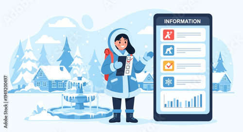 Woman holding information in winter with digital display.