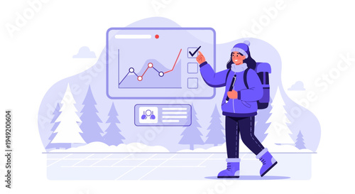 Woman in winter clothes analyzing data on screen.