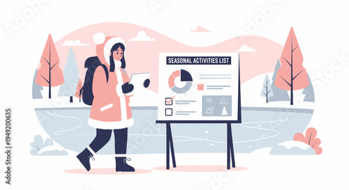 Woman in winter coat presenting data on a board.