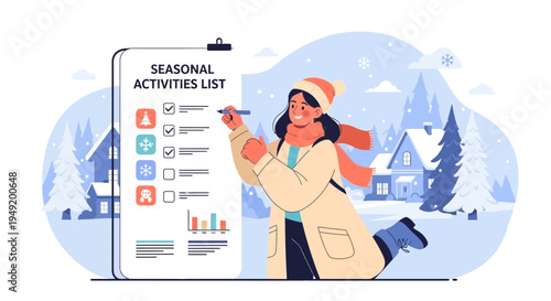 Woman making a seasonal activities list in winter.