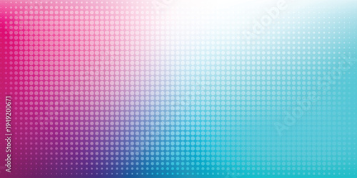 Abstract background with magenta and cyan halftone dots gradient.