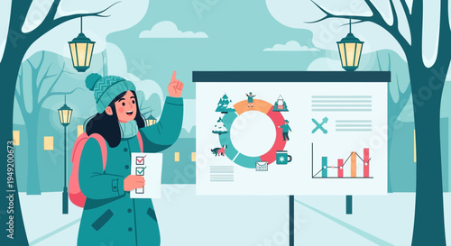 Woman Presenting Winter Business Data Outdoors.