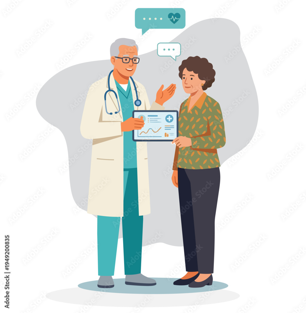 Obraz premium Doctor and an elderly patient. Grandmother and medical worker. Caring for health at an advanced age stock illustration