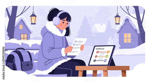 Young woman wearing headphones studying outdoors in winter.