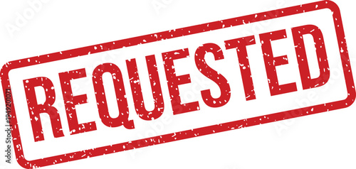 An old looking textured red rubber stamp shows the word REQUESTED clearly presented on a simple white surface