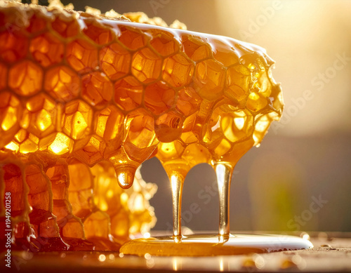 Konstfotografi Macro Close-up of Golden Organic Honey Dripping from Raw Honeycomb in Warm Sunli