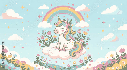 Cute rainbow unicorn sitting on a fluffy cloud surrounded by colorful flowers and a vibrant rainbow in a whimsical nursery vector scene