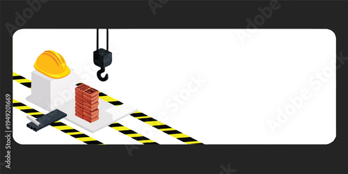 A yellow vector banner featuring a black under construction sign and crane illustration on a blank paper background with an empty billboard for business design