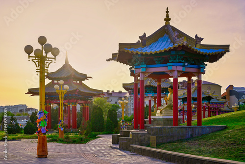 Buddhist pavilions in the Golden Abode of Buddha in Elista at sunset, Kalmykia Republic of Russia