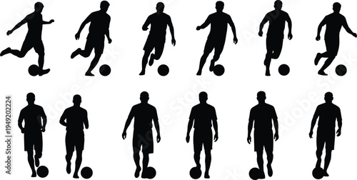 Black silhouettes of a soccer player kicking and dribbling a ball in various sequence of motion for sports and training.