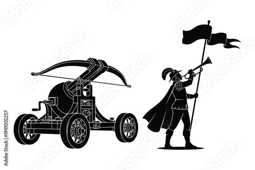 Medieval catapult and knight with flags