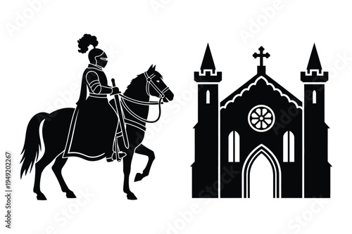 Knight on horse and church silhouette