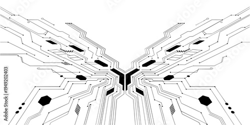 Futuristic circuit board pattern on white background. Hi-tech CPU panel. Sci-fi technology banner design. Vector illustration