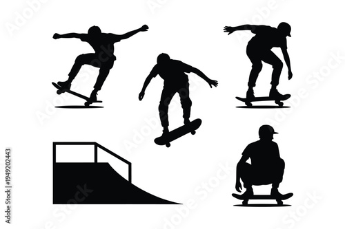 Skateboarders performing tricks ramp extreme sports youth vector set