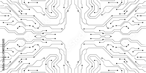 Futuristic circuit board pattern on white background. Hi-tech CPU panel. Sci-fi technology banner design. Vector illustration