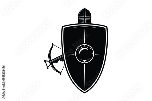Medieval knight shield crossbow helmet silhouette warrior defense vect