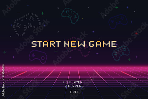 START NEW GAME, play game. pixel art. 8 bit game. retro game. for game assets in vector illustrations.