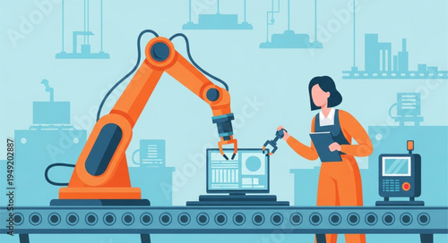 Robotic Arm Assembling Computer on Factory Production Line.