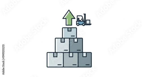Stack of cardboard boxes with forklift and upward arrow.